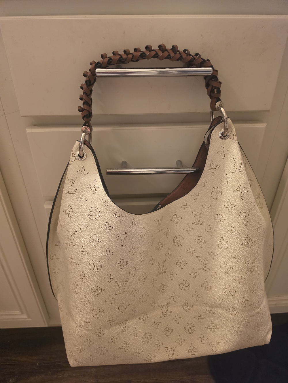 Source Unknown Cream Monogram Hobo with Braided Brown Handle